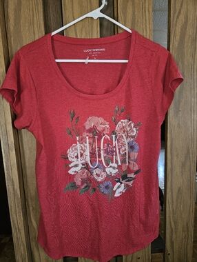 Lucky Brand Sz L Red Floral Logo Scoop Neck Tee